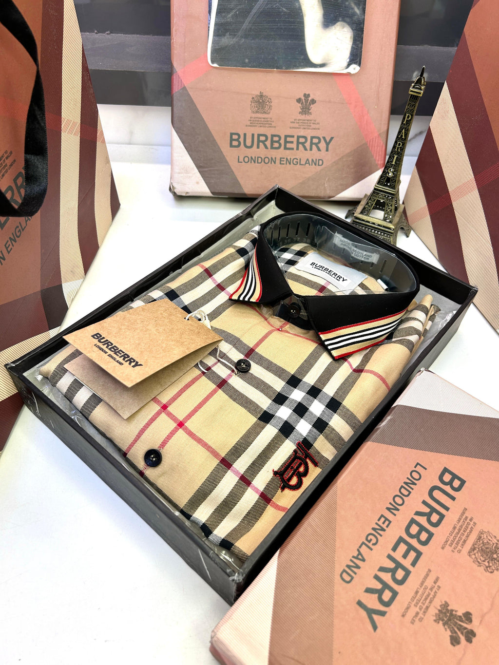 Burberry Checks Extra Premium shirt with brand box packing & carry bag